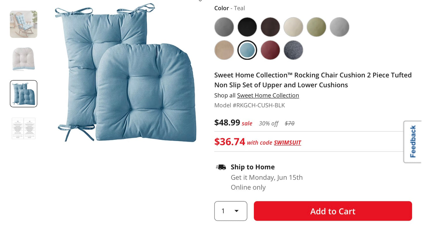 Sweet Home Collection™ Rocking Chair Cushion 2 Piece Tufted Non Slip Set of Upper and Lower Cushions