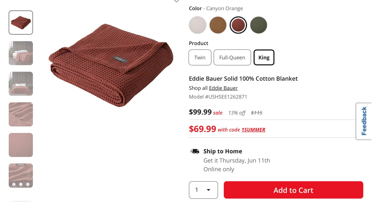 Eddie Bauer Solid 100% Cotton Blanket king