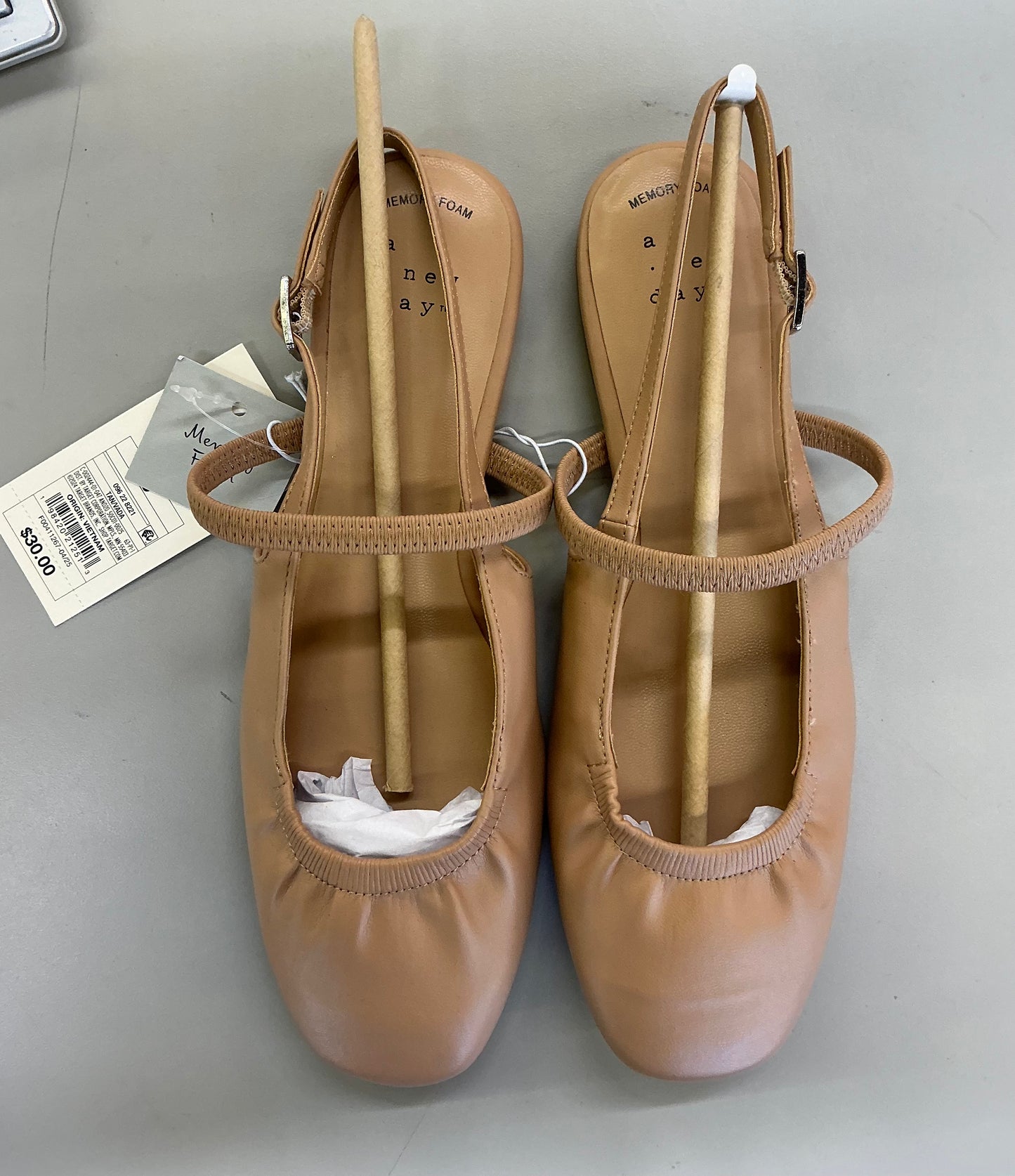 A New Day Vada slingback flats in tan faux leather featuring a scrunched square toe and an adjustable buckle strap size 6