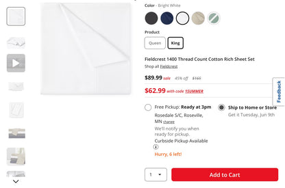 Fieldcrest 1400 Thread Count Cotton Rich Sheet Set-4 king
Included: 2 Pillowcase - 40x20-Inch, 1 Flat Sheet - 112x106 Inch, 1 Fitted-Sheet - 78x80-Inch