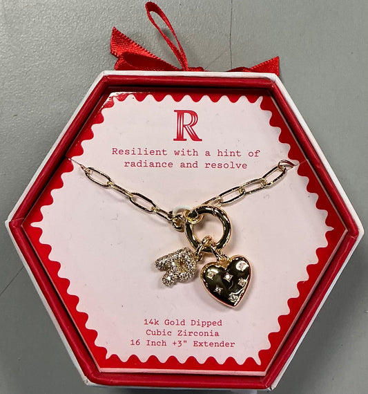 14K gold-dipped heart charm initial necklace featuring a cubic zirconia-accented letter charm and a puffy heart charm on a paperclip chain