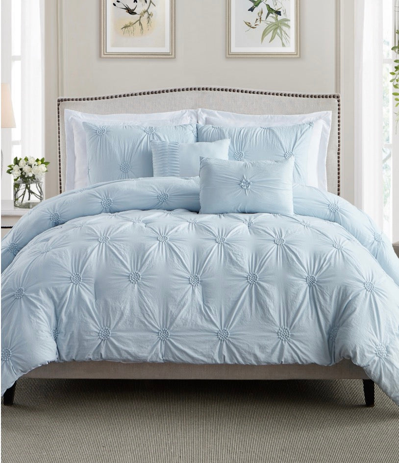 Swift Home Luxurious Ruched 3D Floral Pintuck Sham And Midweight Down Alternative Comforter Set 3 pieces Full/Queen-Baby Blue