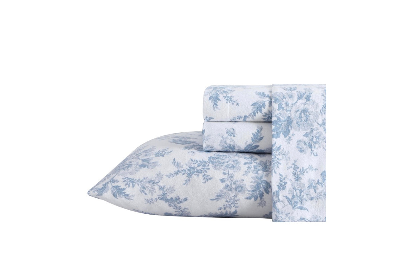 Laura Ashley 100% Cotton Brushed Flannel 4 Pieces Sheet Set Queen-Included(1 Fitted Sheet,2 Pillowcase,1 Flat Sheet)-Blue/White