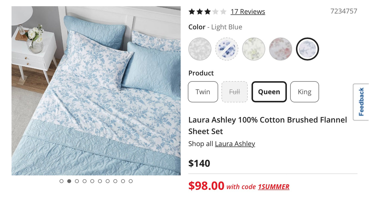 Laura Ashley 100% Cotton Brushed Flannel 4 Pieces Sheet Set Queen-Included(1 Fitted Sheet,2 Pillowcase,1 Flat Sheet)-Blue/White