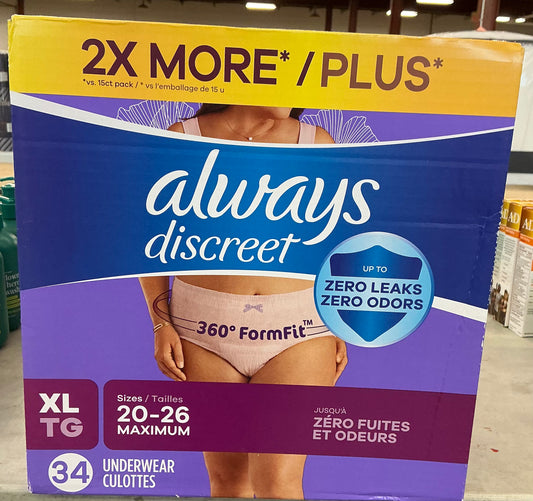Always Discreet Boutique incontinence underwear, size XL 34 underwear