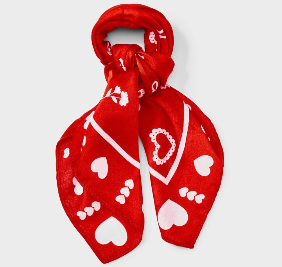 Red silk-feel headscarf bandana featuring a white heart and bow pattern