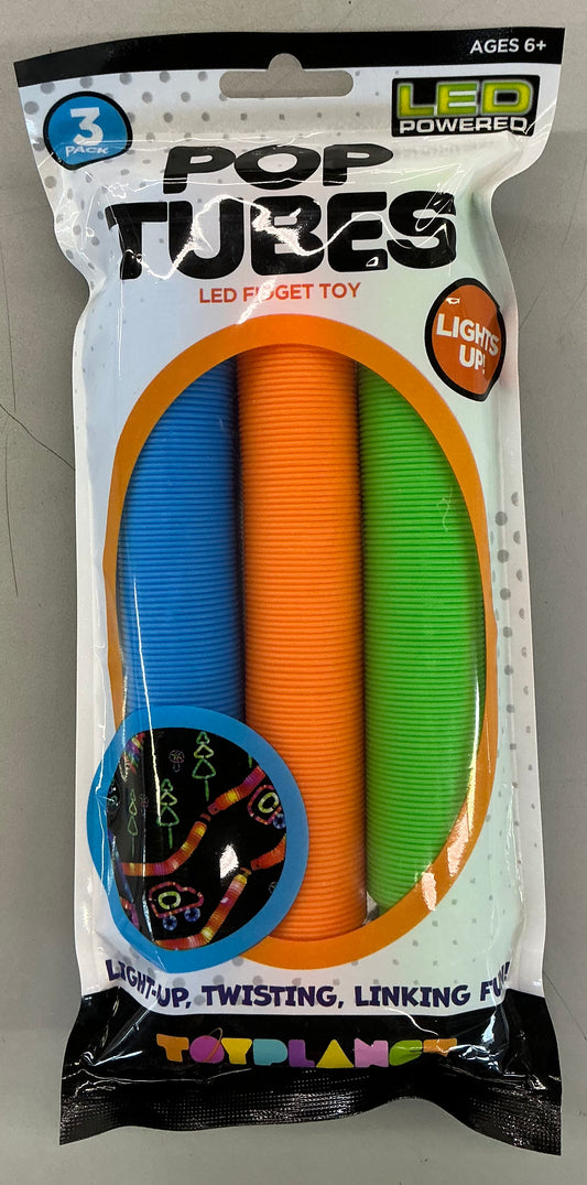 Pop Tubes LED Fidget Toy 3-pack featuring blue, orange, and green light-up plastic tubes.
