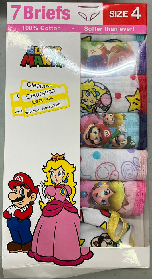 Nintendo Super Mario girls' briefs in a 7-pack featuring Princess Peach and other characters size-4