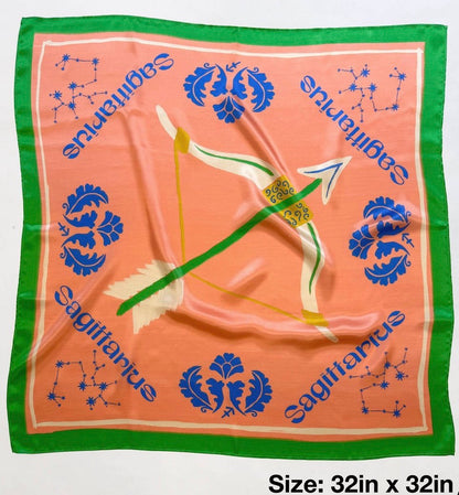 Zodiac printed square silk scarf in the Sagittarius design featuring an apricot orange color-32in x 32in