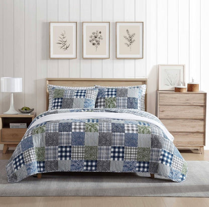 Eddie Bauer Cozy Plaid Patchwork Cotton Quilt Set 3 pieces Full/Queen-Color( Blue/Green)