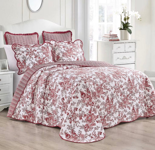 Toile Garden Cotton Quilt Bedspread only Twin-Multi Red