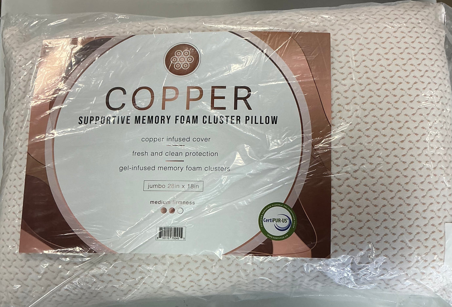 Copper supportive memory foam cluster pillow Medium firmness 28”x18”-White/Copper