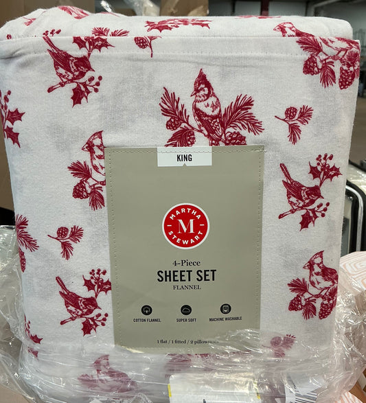 Martha Stewart 4-piece flannel sheet set featuring a red cardinal bird and pine cone pattern. King