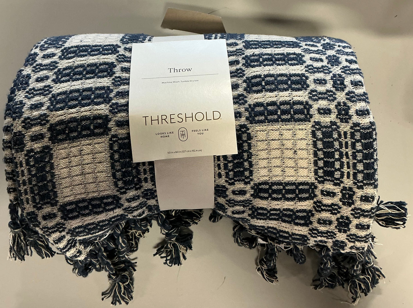 Geo woven throw with tassel fringe throw blanket - blue/neutral - 50x60”