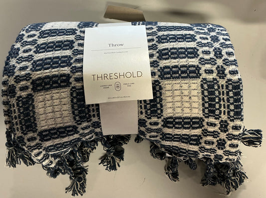 Geo woven throw with tassel fringe throw blanket - blue/neutral - 50x60”