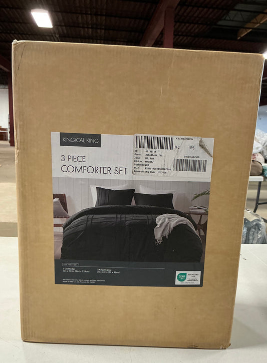 Comfort Spaces Walker Soft Washed Pleated Comforter Set in black 3pcs king/cal