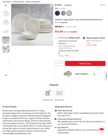 Fieldcrest Legacy Denim 12-pc. Stoneware Dinnerware Set - Open Box - MISSING 1 Bowl & 1 Small Plate - AS IS