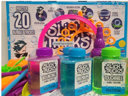 Little Kids Slick Tricks Master It! bubble kit featuring various tools for performing bubble tricks