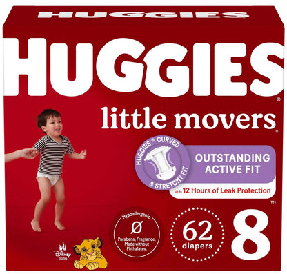 62-count package of Huggies Little Movers baby diapers in size 8