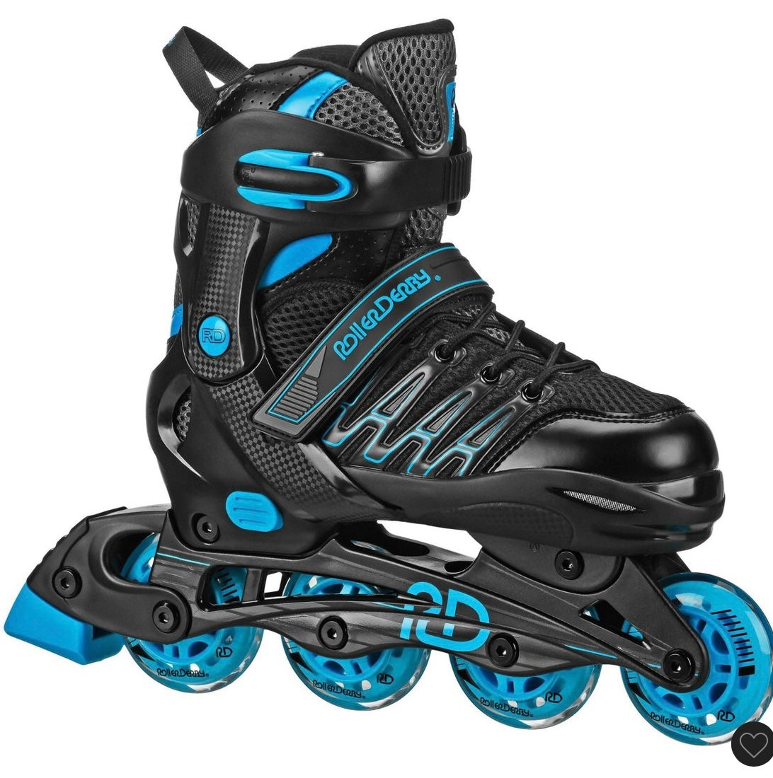 Roller derby custom adult in-fit skates - blue/black 7-10 adjustable - AS IS - MINOR COSMETIC FLAWS - OPEN BOX