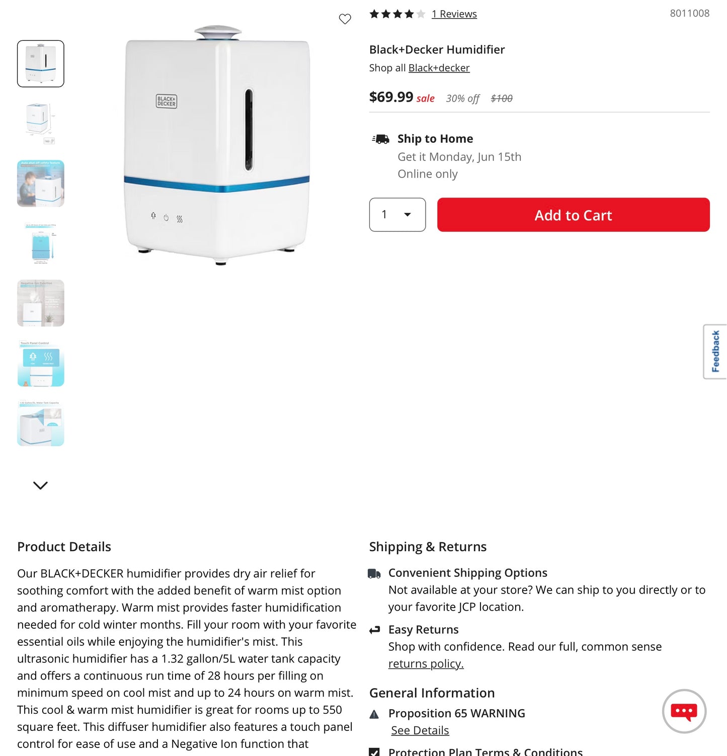 Black+Decker Humidifier - Open Box-Damaged Box (see pictures)