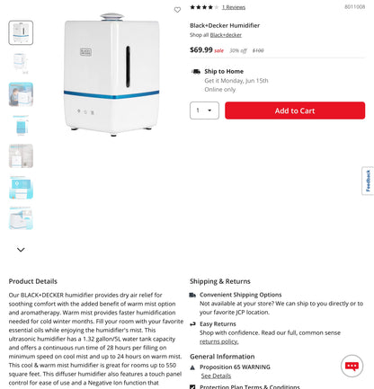 Black+Decker Humidifier - Open Box-Damaged Box (see pictures)