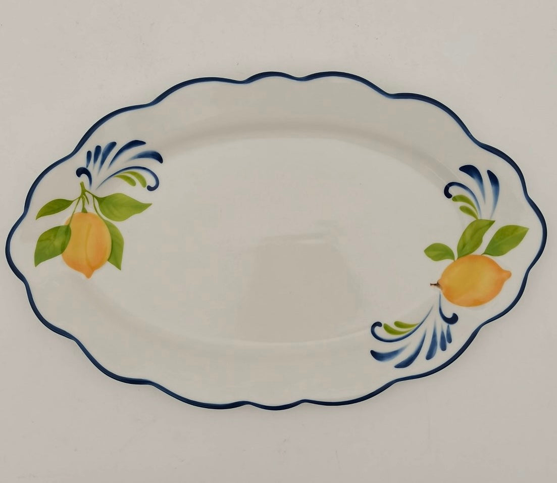 Mulhouse 15.75” ceramic oval serving tray white/blue edge