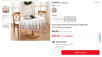 Elrene Home Fashions Winter Berry Tablecloth 70 Width/Inches, 70 Length/Inches