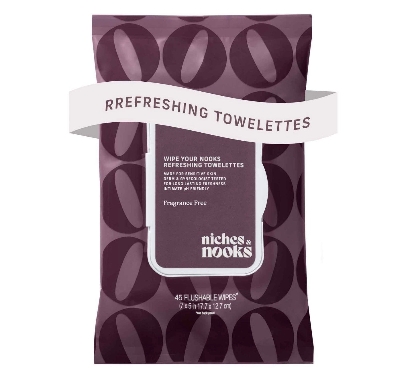 Niches & Nooks Intimate pH Balanced Refreshing Flushable Feminine Wipes, available in a 45-count package