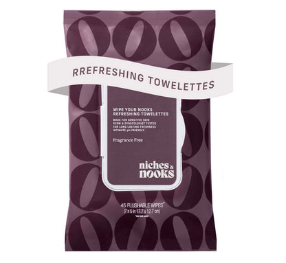 Niches & Nooks Intimate pH Balanced Refreshing Flushable Feminine Wipes, available in a 45-count package