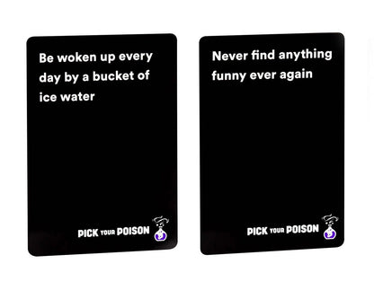 Pick Your Poison party game, a card game centered around difficult "what would you rather do?" scenarios.