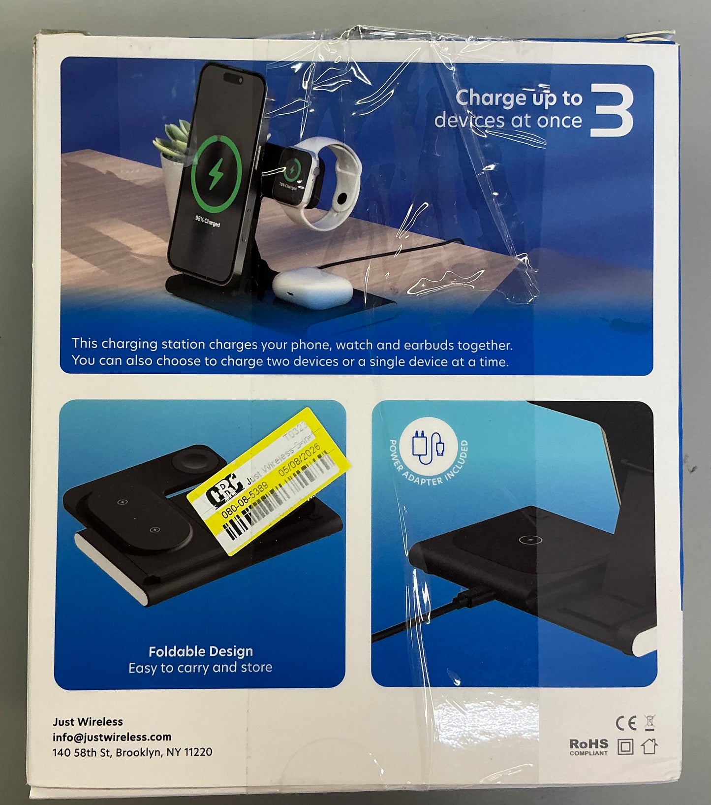Just Wireless 3-in-1 portable wireless charger - black: USB-C with 15W output -AS IS - USED - OPEN BOX