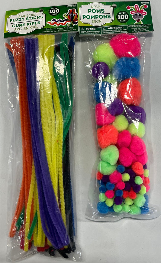 Arts and crafts bundle deal-2 pack(100 pcs pom-poms)&(100 pcs rainbow fuzzy sticks)