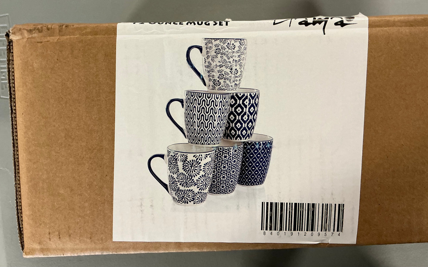 Elama Declan 6 Piece 12 Ounce Assorted Design Stoneware Mug Set in Blue and White - Open Box