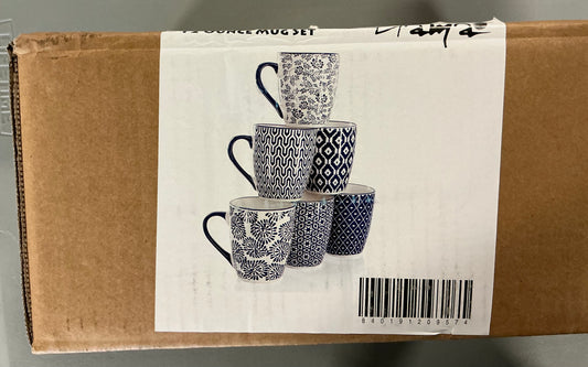 Elama Declan 6 Piece 12 Ounce Assorted Design Stoneware Mug Set in Blue and White - Open Box