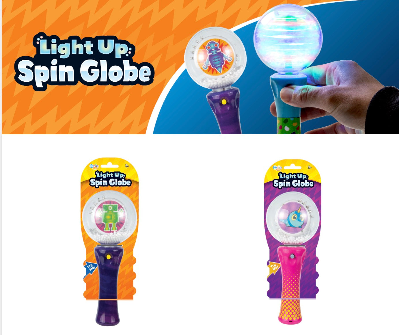 Grin Studios Light Up Spin Globe featuring a robot character