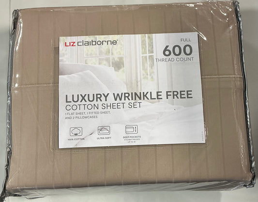 600TC Cotton Sateen Dobby Stripe Wrinkle Free 4 piece full sheet set-Color(Cobblestone)