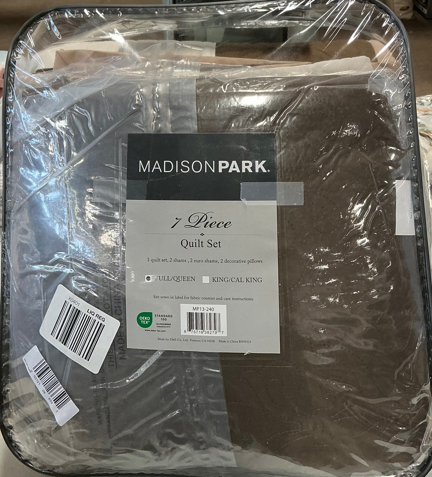 Madison Park Danville 7 Piece Quilt Set with Euro Shams and Throw Pillows Full/Queen-Beige/Brown