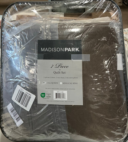 Madison Park Danville 7 Piece Quilt Set with Euro Shams and Throw Pillows Full/Queen-Beige/Brown