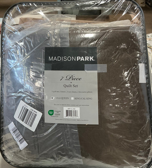 Madison Park Danville 7 Piece Quilt Set with Euro Shams and Throw Pillows Full/Queen-Beige/Brown