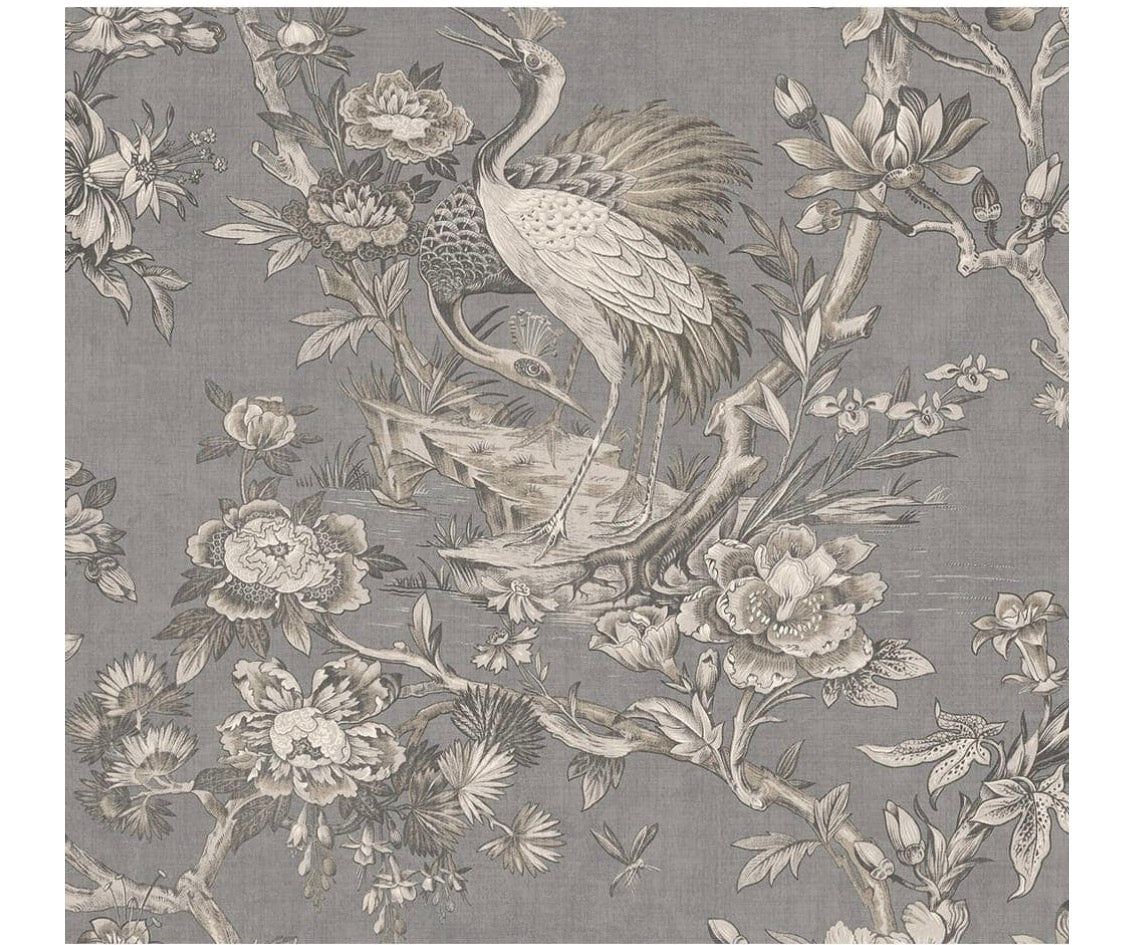 60.75 sq. ft. Metallic Pewter Alice Crane Toile Paper Unpasted Wallpaper Roll(clearance)