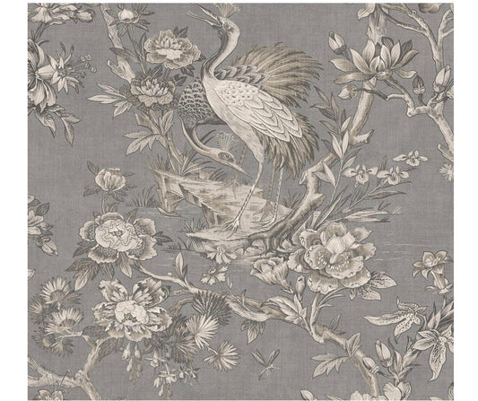 60.75 sq. ft. Metallic Pewter Alice Crane Toile Paper Unpasted Wallpaper Roll