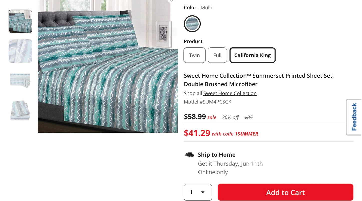 Sweet Home Collection™ Summerset Printed Sheet Set, Double Brushed Microfiber 4-piece King