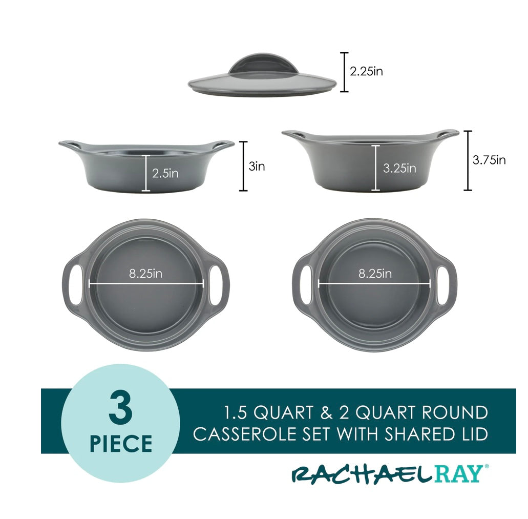 Rachel Ray 3-piece Ceramic Casserole Set, Grey - Out of Box