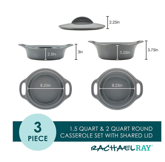Rachel Ray 3-piece Ceramic Casserole Set, Grey - Out of Box