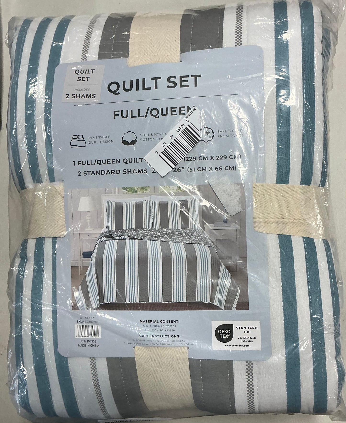 St. Croix Coastal Striped 3 Pieces Quilt Set Reversible Design Full/Queen-Included(1 Quilt and 1 Sham)
