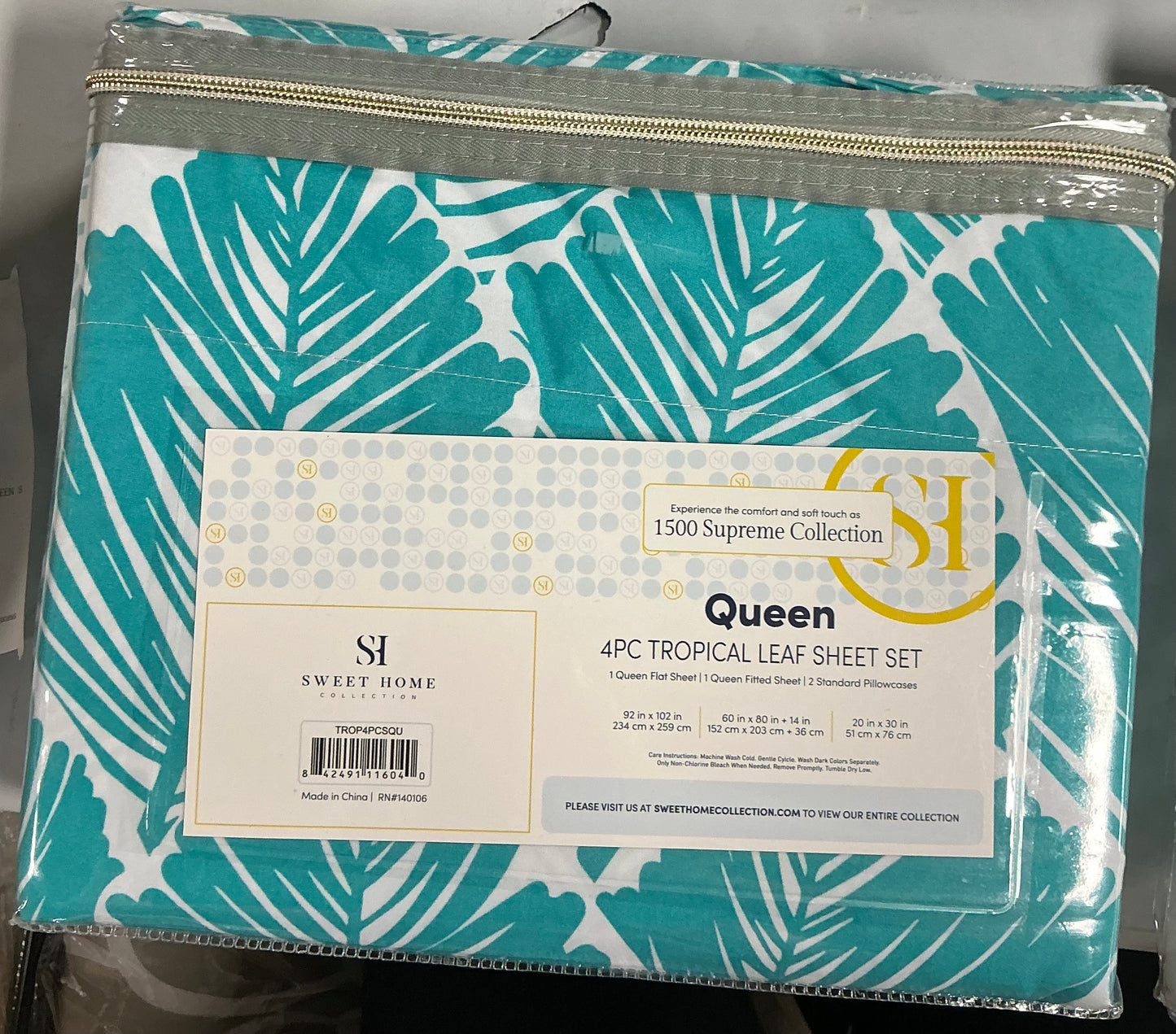 Sweet Home Collection 4-piece tropical leaf pattern queen sheet set in teal