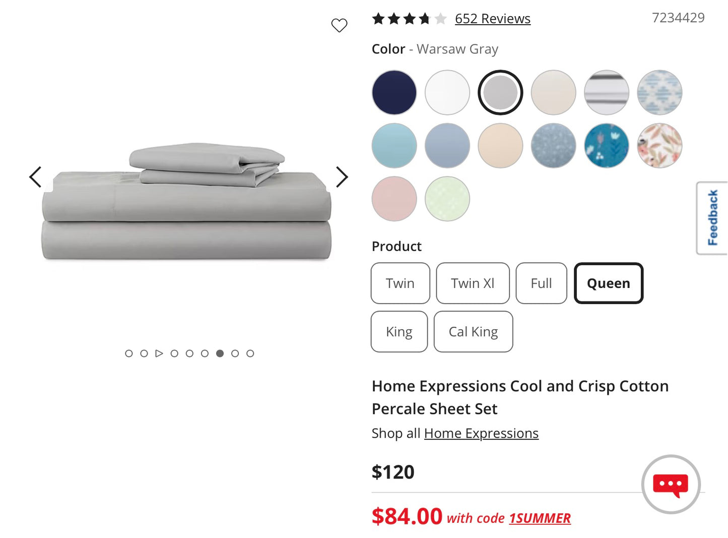 Home Expressions Cool and Crisp Cotton Percale 4 Pieces Sheet Set Queen-Included(1 Flat Sheet,1 Fitted Sheet and 2 Pillowcases)-Gray