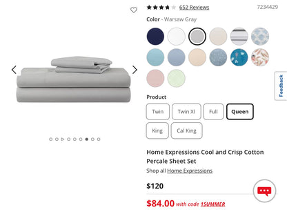 Home Expressions Cool and Crisp Cotton Percale 4 Pieces Sheet Set Queen-Included(1 Flat Sheet,1 Fitted Sheet and 2 Pillowcases)-Gray