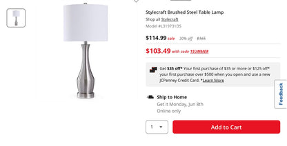 Stylecraft Brushed Steel Table Lamp, Measurements: 14 Width/Inches, 31 Height/Inches, 14 Depth/Inches